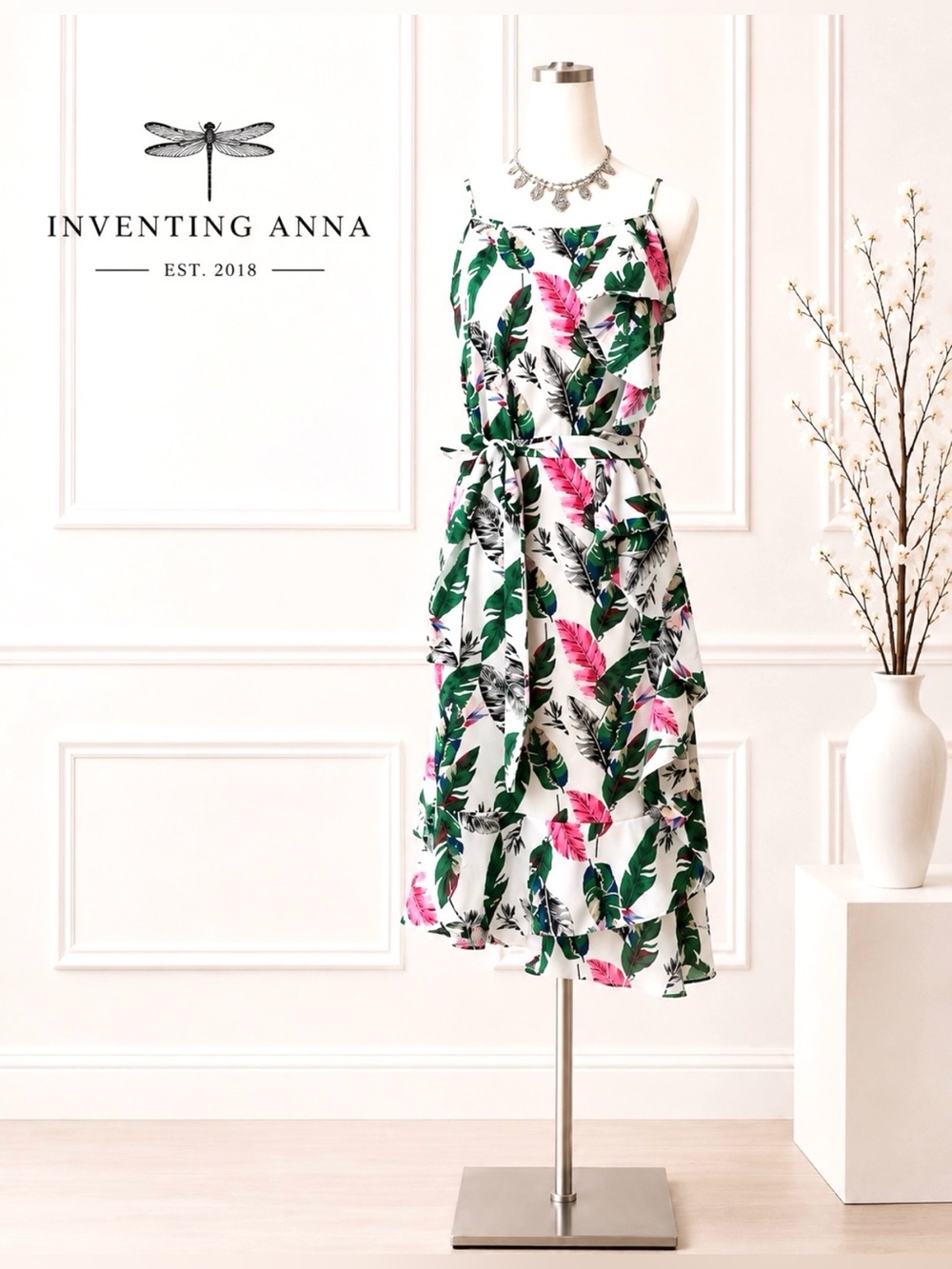 Boohoo Tropical Print Ruffle Midi Dress Belted Size 14